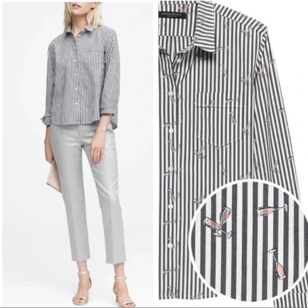 Banana Republic Quinn Boy Fit Stripe Champagne Buttondown Shirt Size XS A1296